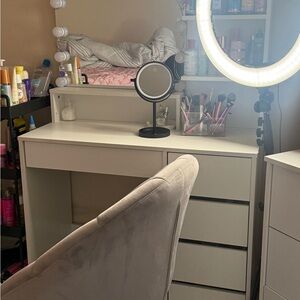 White Vanity Desk with Mirror and Lights